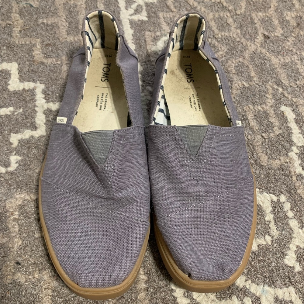Grey Canvas TOMS slip-on’s, leather sole. Men’s size 12